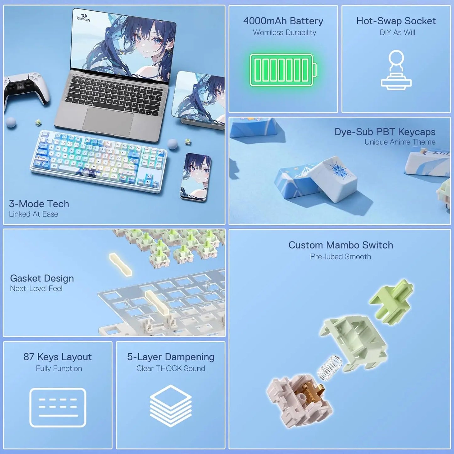 Redragon STAR BLADE K707 PRO Anime Keyboard – 80% TKL Mechanical Gaming Keyboard Hosted by KlickieKeyz
