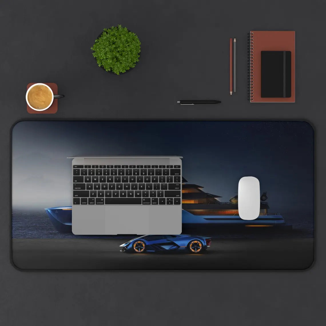 Blue Lamborghini & Yacht Desk Mat – Luxury Supercar Desk Mat by KlickieKeyz