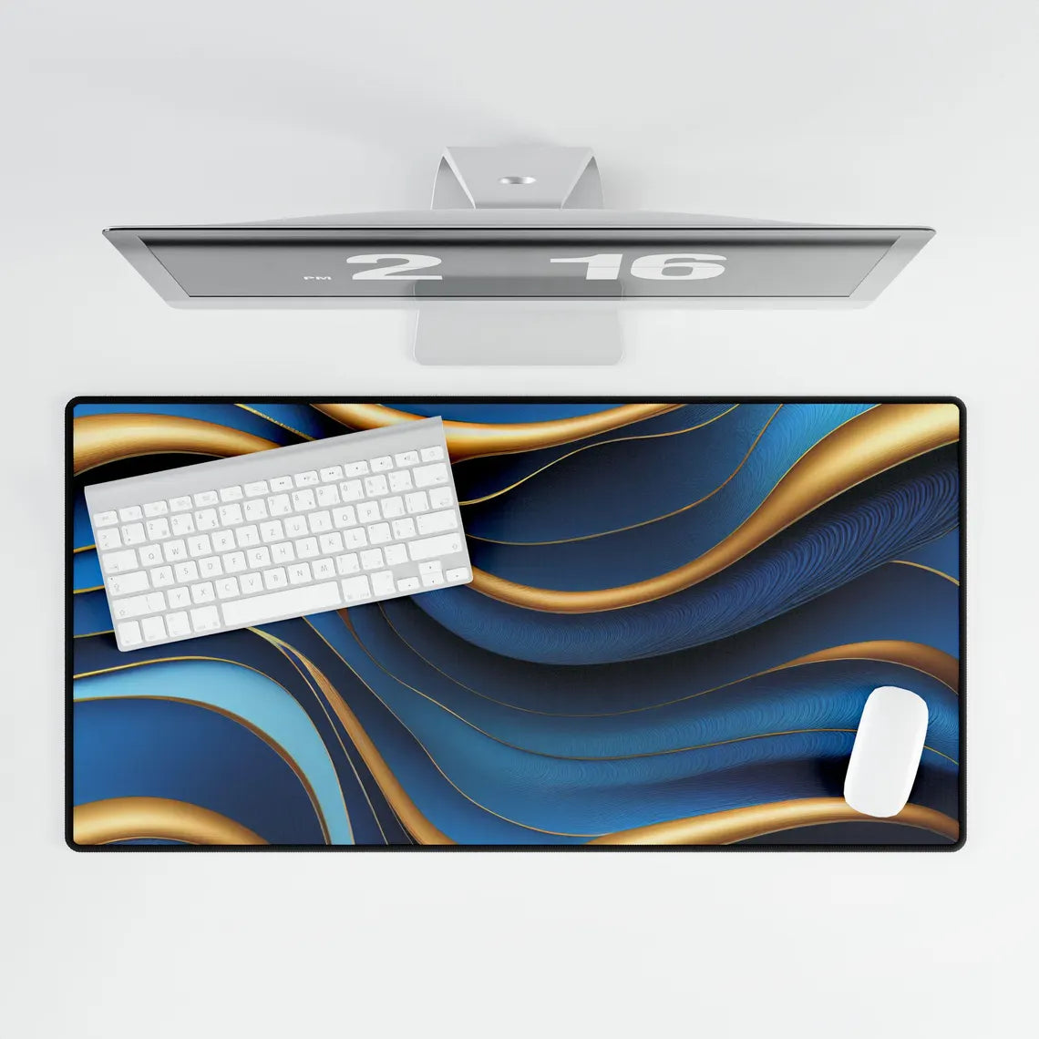 Abstract Gold & Blue Waves Desk Mat – Elegant Desk Mat by KlickieKeyz