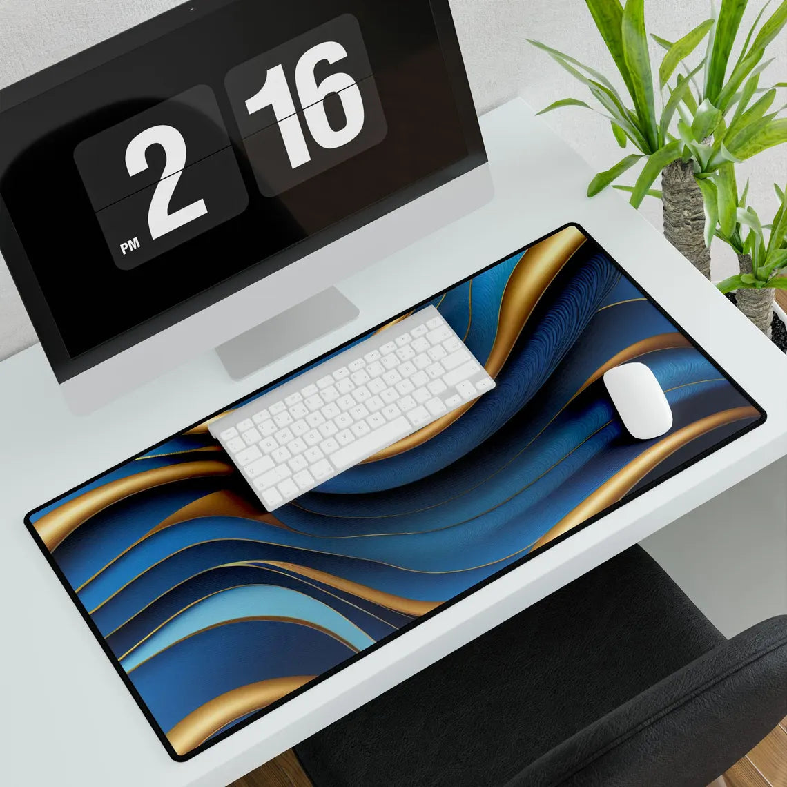Abstract Gold & Blue Waves Desk Mat – Elegant Desk Mat by KlickieKeyz