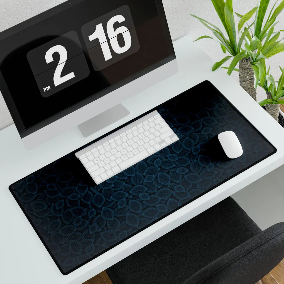 Blue & Black Plant Leaves Desk Mat – Botanical Nature Desk Mat by KlickieKeyz
