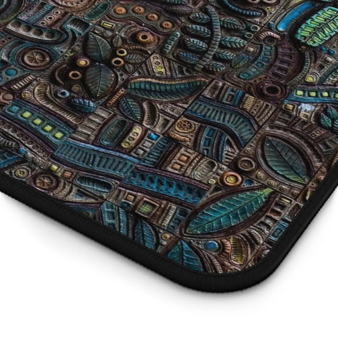 Abstract Green & Gold Aztec Carvings Desk Mat – Ancient Art-Inspired Desk Mat by KlickieKeyz