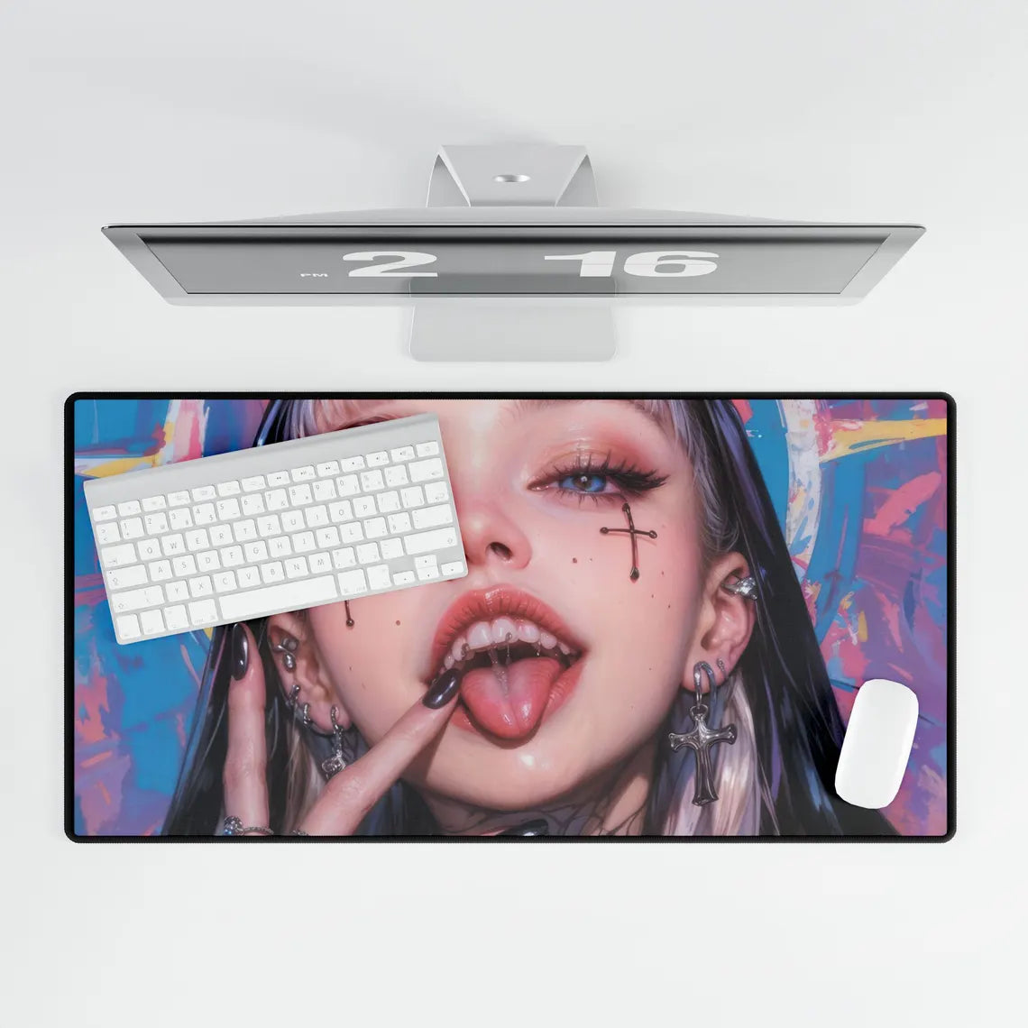 Beautiful Tattooed Anime Girl with Blue & Pink Background XL Gaming Mouse Pad – Artistic Desk Mat by KlickieKeyz