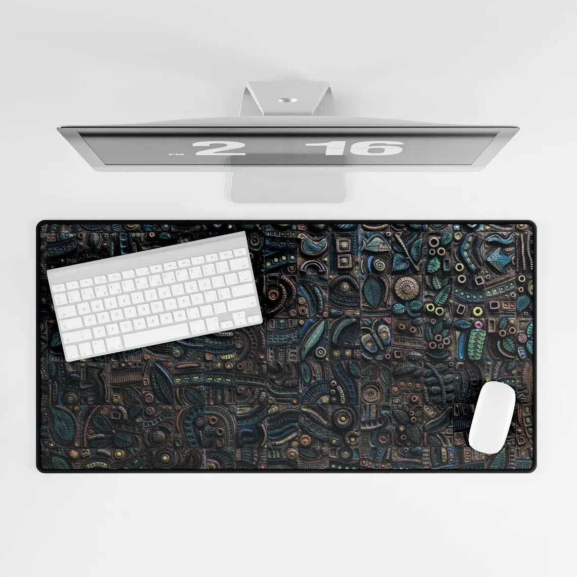 Abstract Green & Gold Aztec Carvings Desk Mat – Ancient Art-Inspired Desk Mat by KlickieKeyz