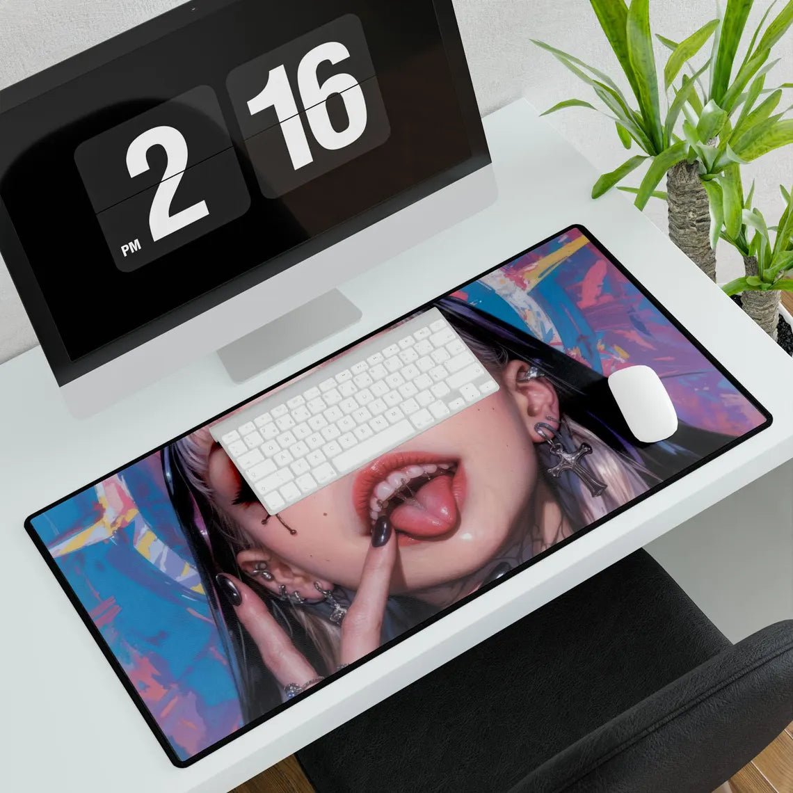 Beautiful Tattooed Anime Girl with Blue & Pink Background XL Gaming Mouse Pad – Artistic Desk Mat by KlickieKeyz