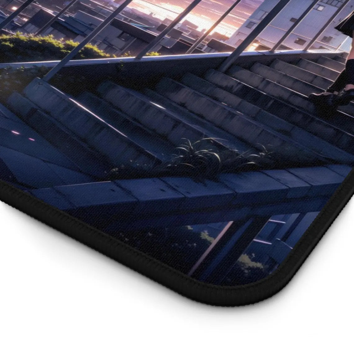 Japanese Anime School Girl with Cityscape Desk Mat – Stunning Beautiful Clouds XL Gaming Mouse Pad by KlickieKeyz