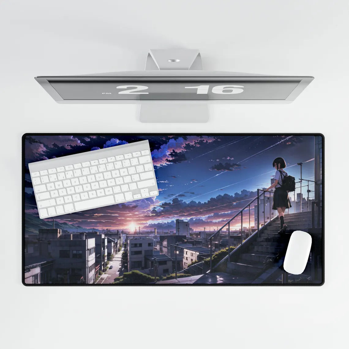 Japanese Anime School Girl with Cityscape Desk Mat – Stunning Beautiful Clouds XL Gaming Mouse Pad by KlickieKeyz
